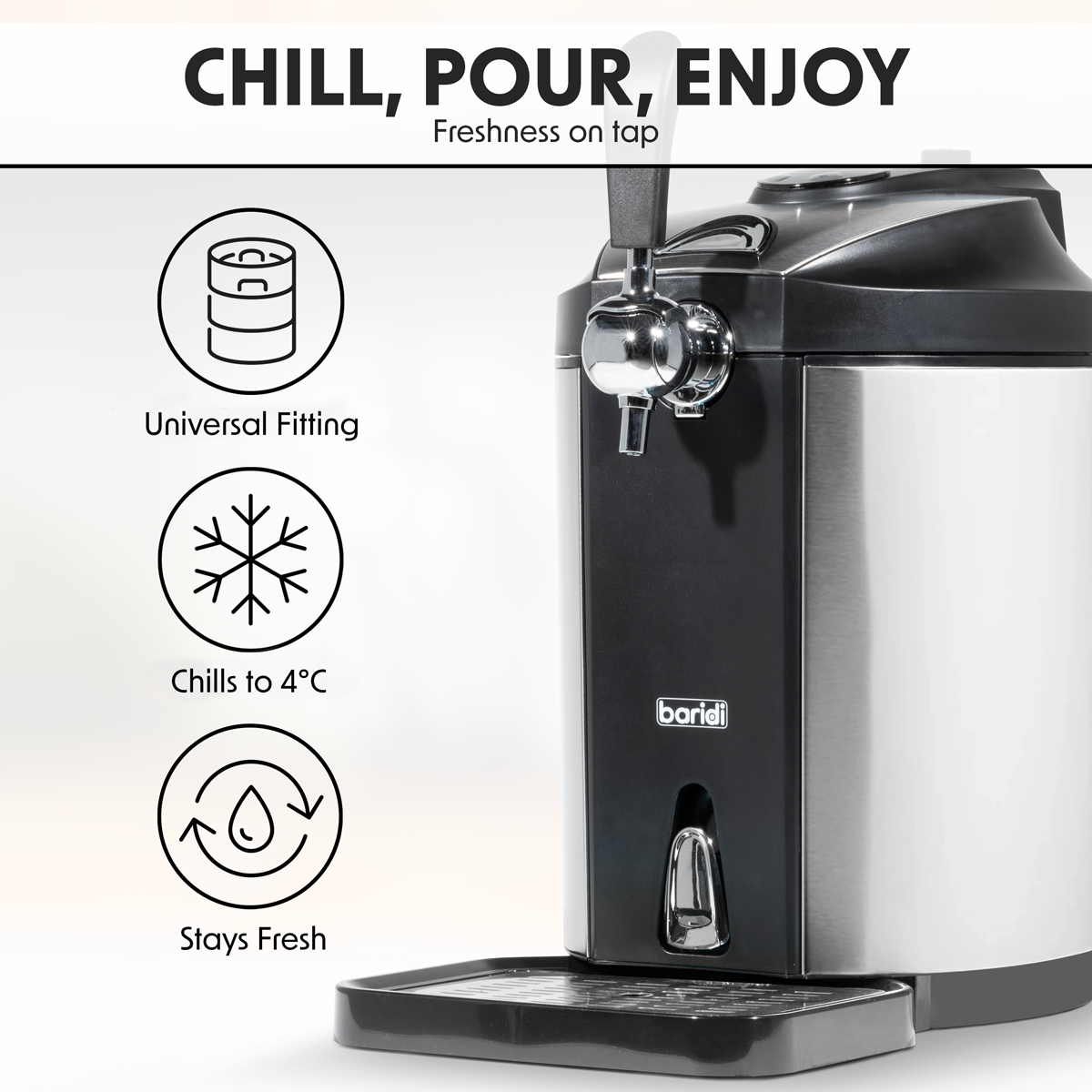Baridi Mini Keg Draft Beer Dispenser Tap with Integrated Cooling 5L Capacity