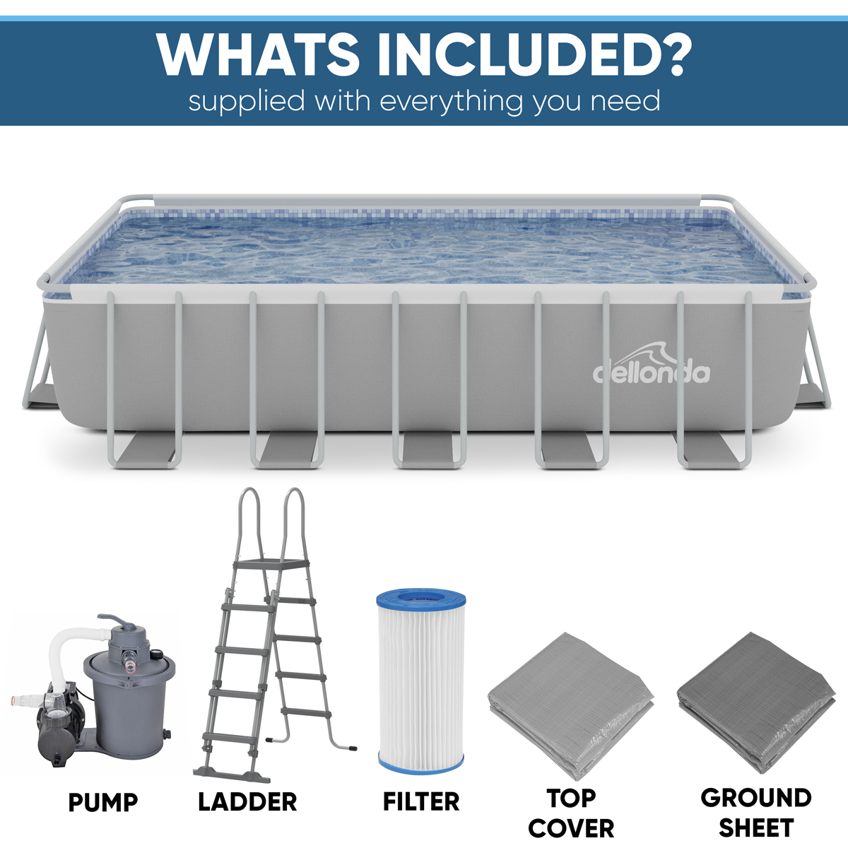 Dellonda Deluxe Steel Frame Rectangular Swimming Pool with Step Ladder & Filter Pump