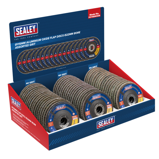 Assorted Grit Flap Discs Aluminium Oxide 115mm 22mm Bore - Display Box of 60