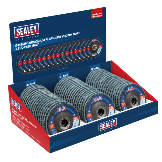 Assorted Grit Flap Discs Zirconium Ø115mm Ø22mm Bore - Display Box of 60
