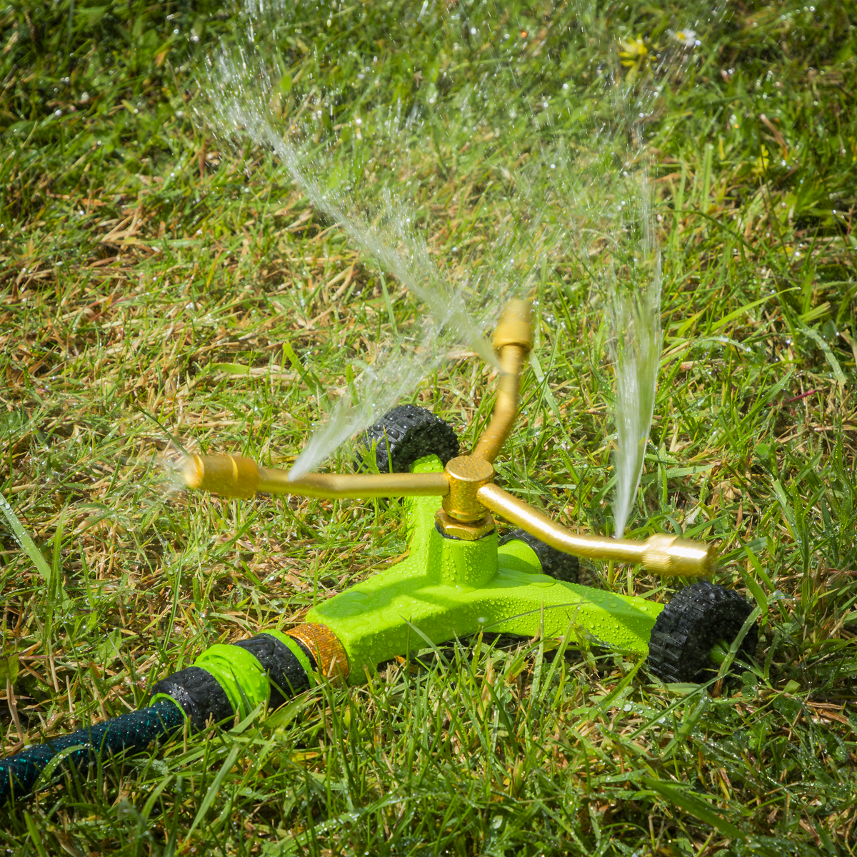 3-Arm Brass Sprinkler with Metal Wheeled Base