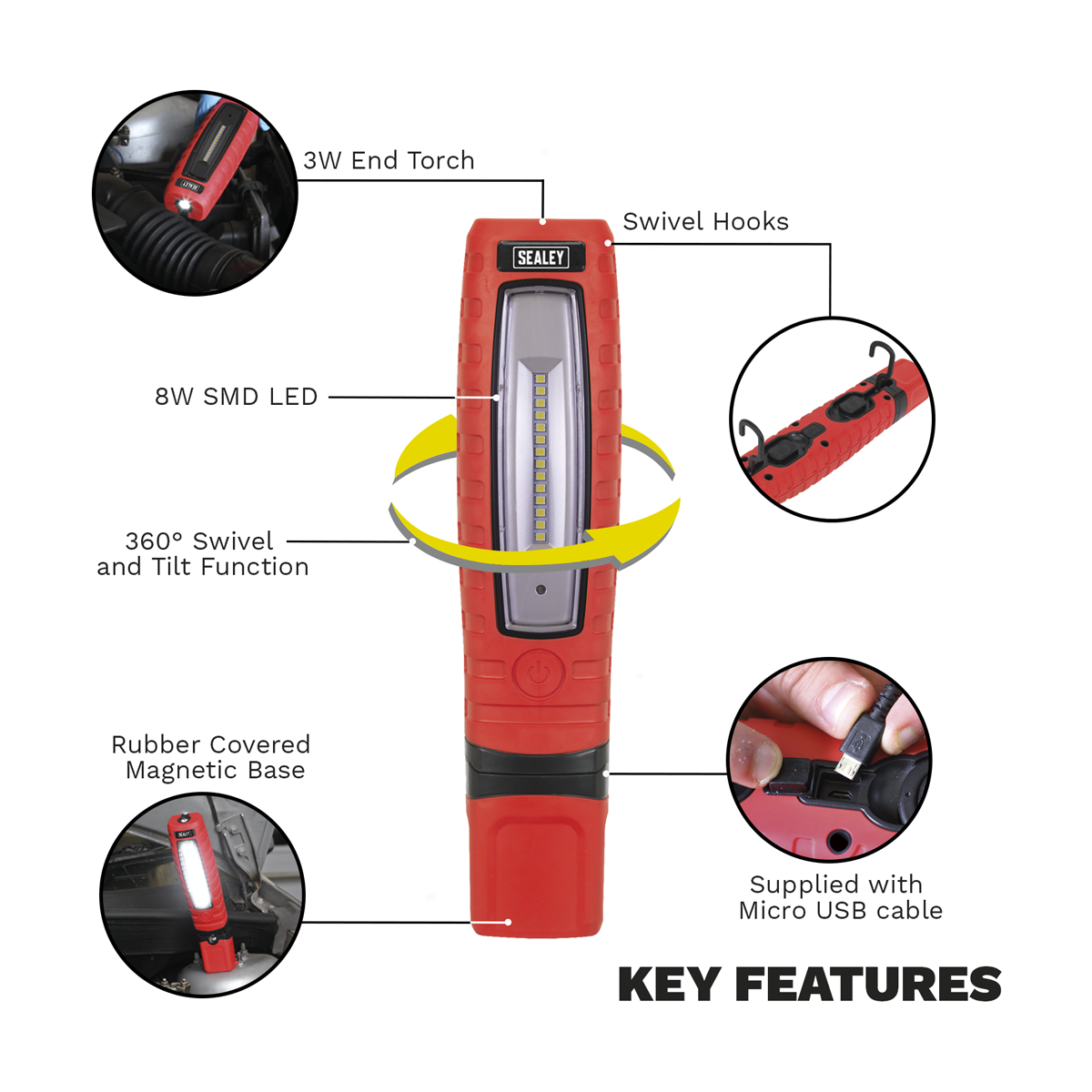 Rechargeable 360° Inspection Light 8W & 3W SMD LED - Red