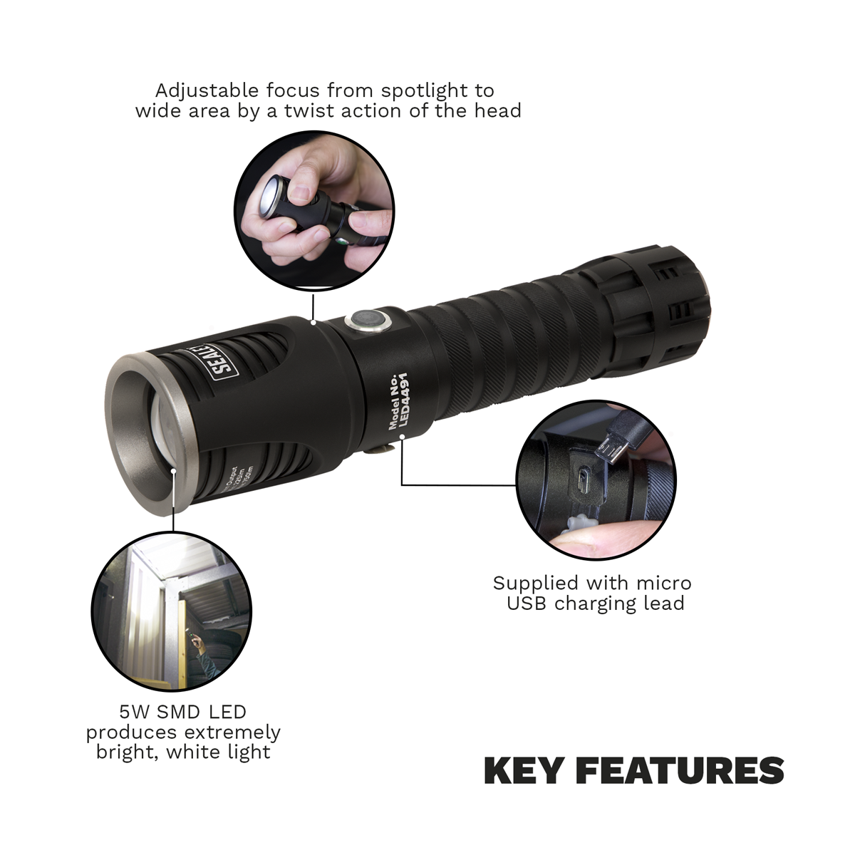 Rechargeable Aluminium Torch with Adjustable Focus