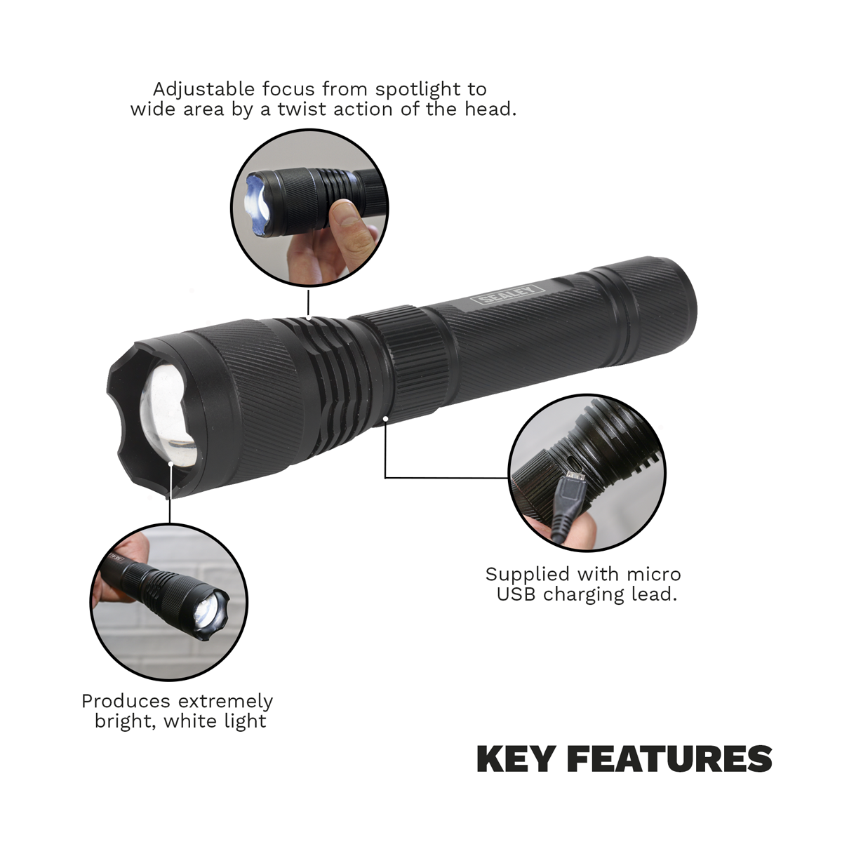 Rechargeable Aluminium Torch with Adjustable Focus 10W SMD LED