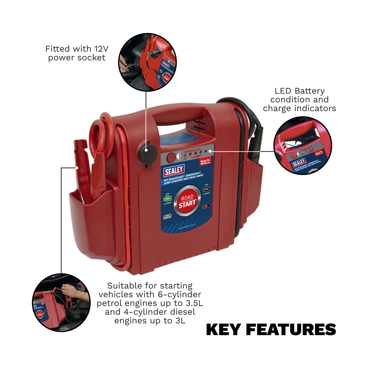 RoadStart® 12V Emergency Jump Starter 1600 Peak Amps