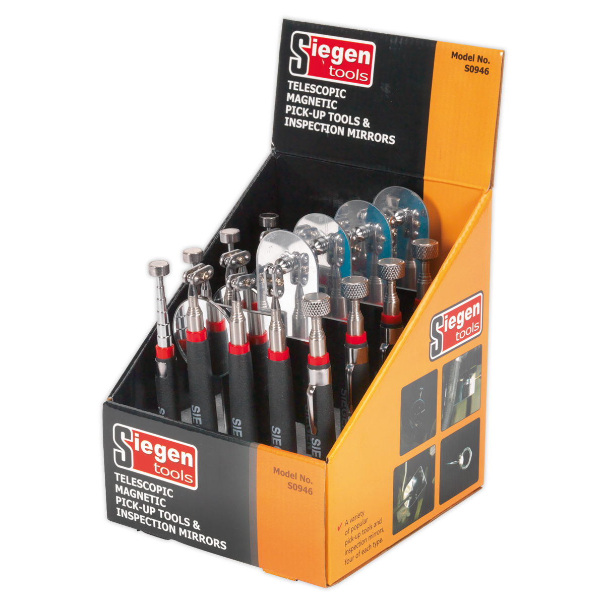 Siegen Telescopic Magnetic Pick-Up Tools & Inspection Mirrors - Display Box of 20