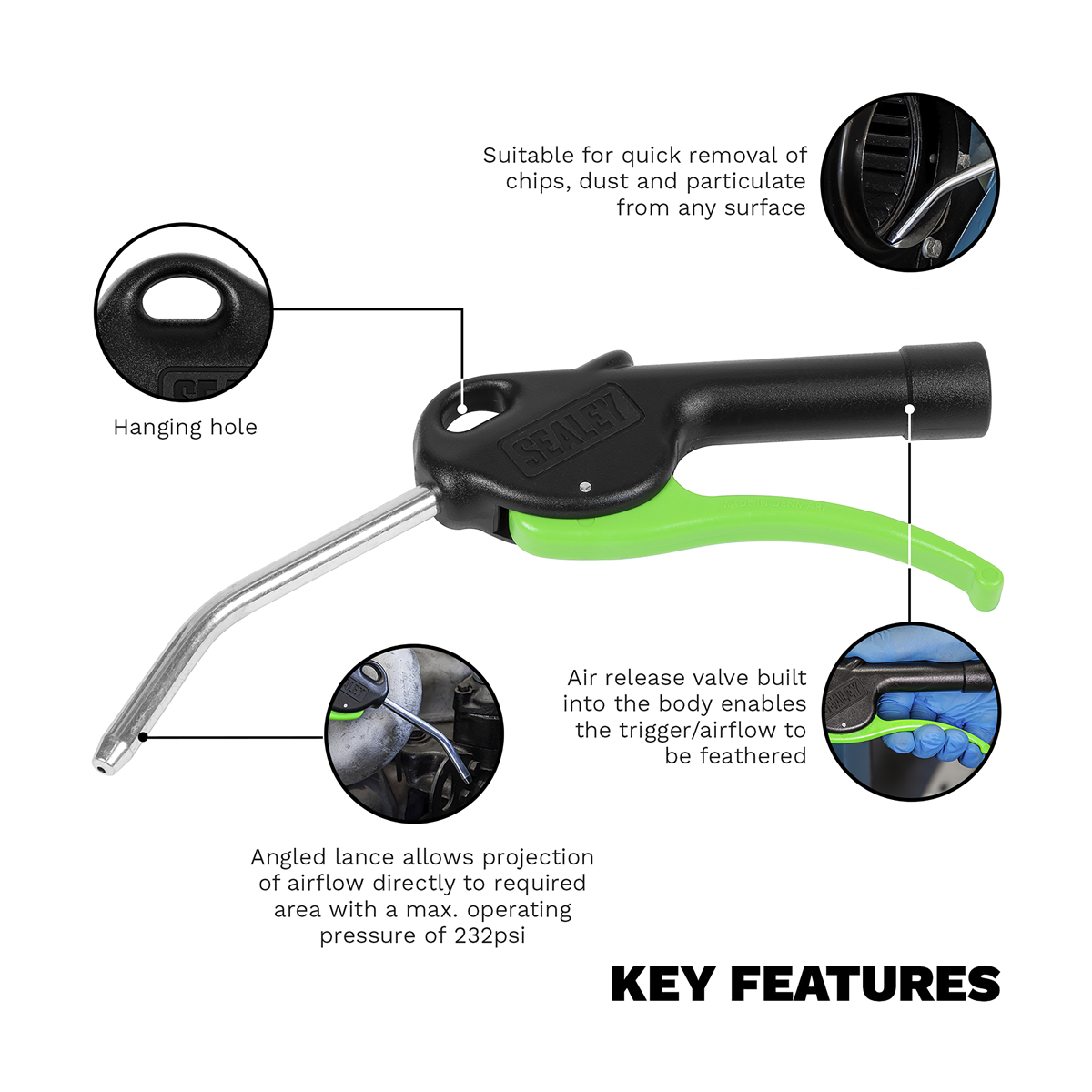 Premier Air Blow Gun with Angled Lance 100mm 1/4"BSP Air Inlet