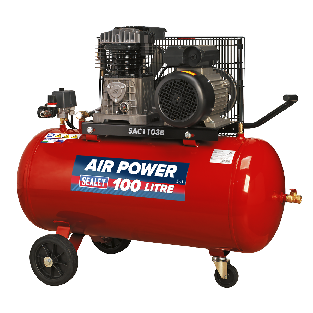 100L Belt Drive Air Compressor with Cast Cylinders & Wheels 3hp