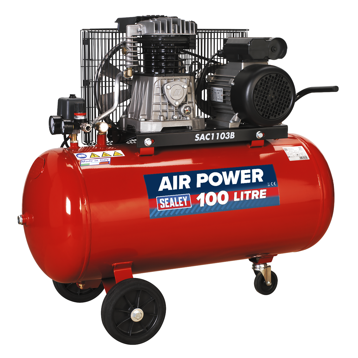 100L Belt Drive Air Compressor with Cast Cylinders & Wheels 3hp
