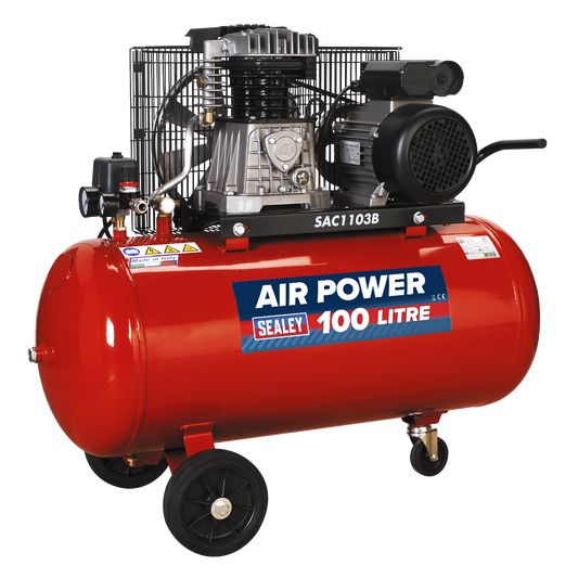 100L Belt Drive Air Compressor with Cast Cylinders & Wheels 3hp