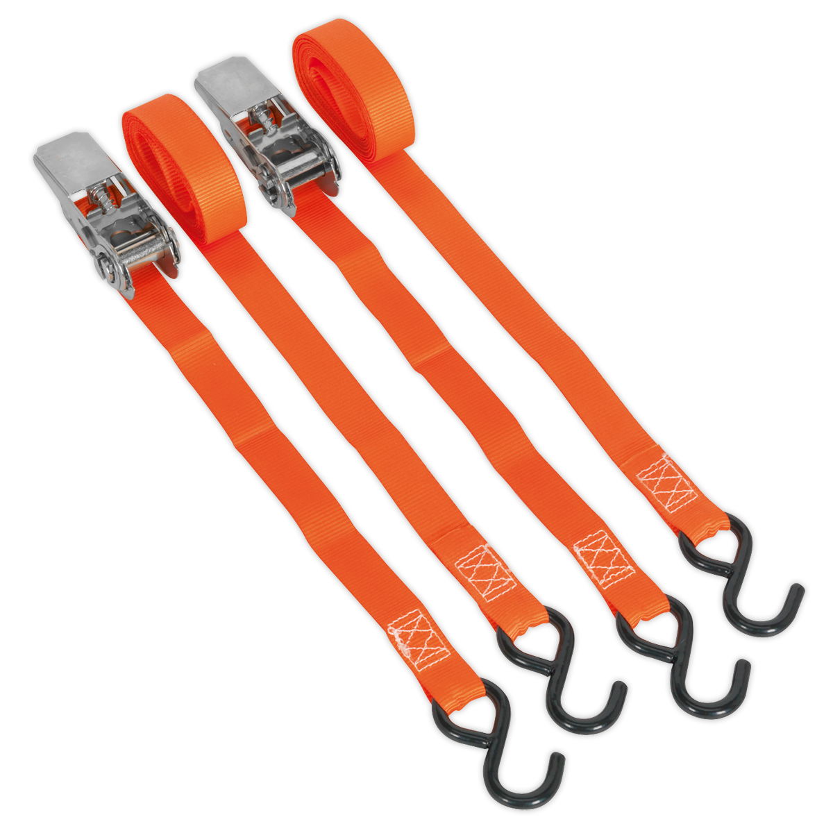 Ratchet Straps Polyester Webbing with S-Hooks 25mm x 4m 500kg Breaking Strength - Pair