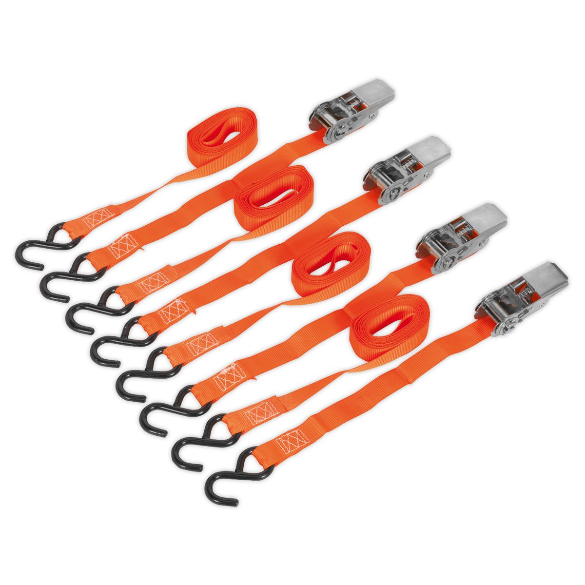 Ratchet Straps Polyester Webbing with S-Hooks 25mm x 4m 500kg Breaking Strength - 2 Pairs