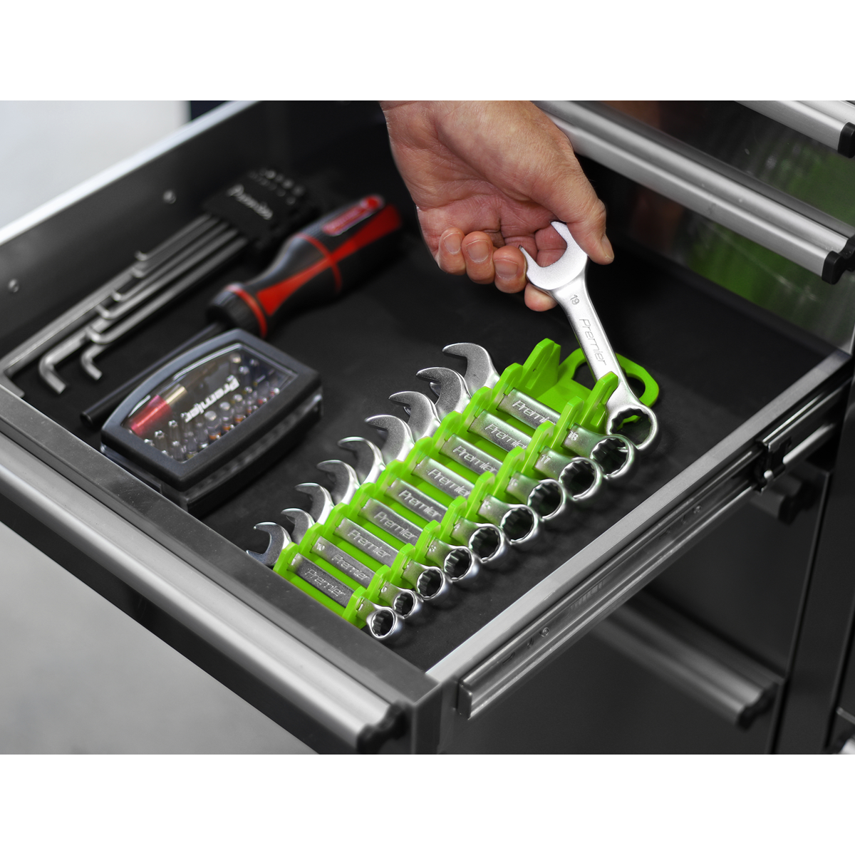 Premier Spanner Rack Capacity 10 Stubby Spanners - Hi-Vis Green
