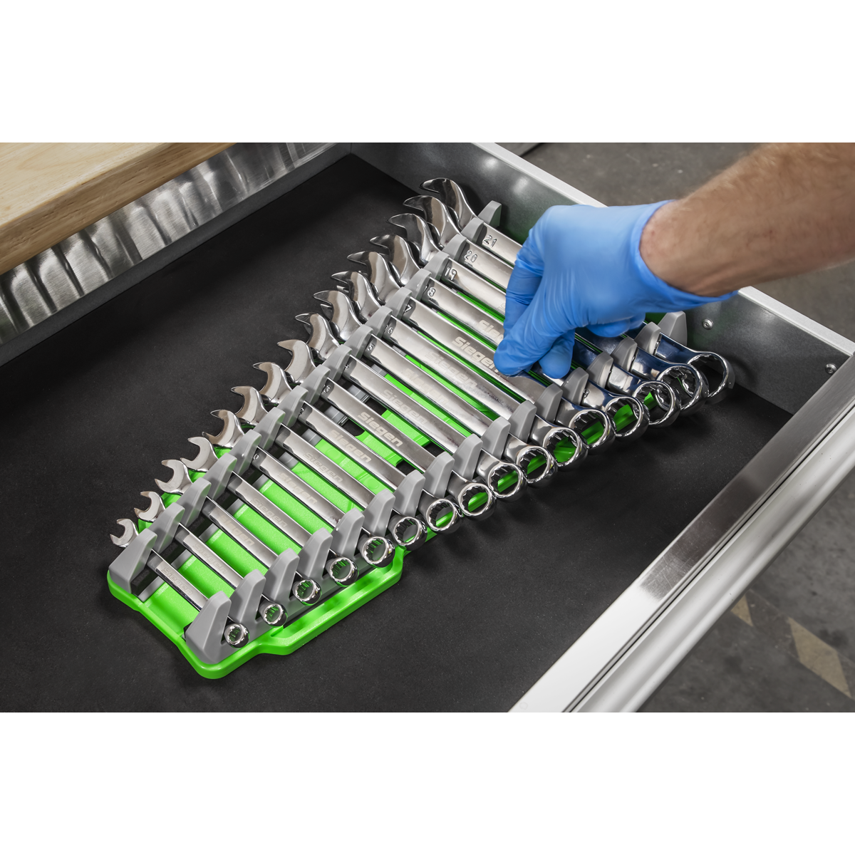 Premier Reversible Spanner Rack 16pc - Hi-Vis Green