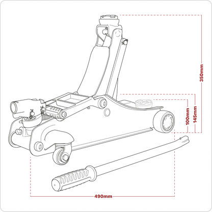 180° Handle Low Profile Short Chassis Trolley Jack 2 Tonne - Red
