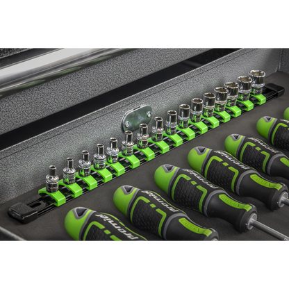Premier Socket Retaining Rail with 16 Clips 1/4"Sq Drive - Hi-Vis Green