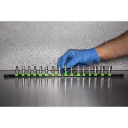Premier Socket Retaining Rail with 16 Clips 1/4"Sq Drive - Hi-Vis Green
