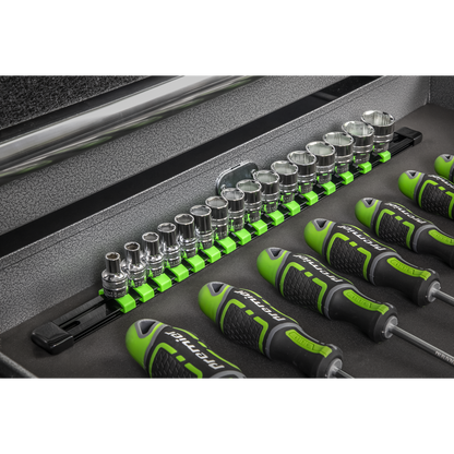 Premier Socket Retaining Rail with 16 Clips 3/8"Sq Drive - Hi-Vis Green