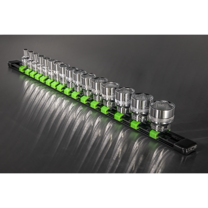 Premier Socket Retaining Rail with 16 Clips 3/8"Sq Drive - Hi-Vis Green