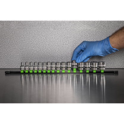 Premier Socket Retaining Rail with 16 Clips 3/8"Sq Drive - Hi-Vis Green