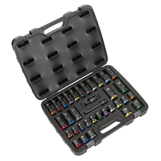 Lock-On™ Standard & Deep Impact Socket Set 34pc 1/2"Sq Drive 6pt Metric