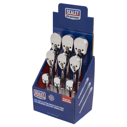 Premier Pear-Head Ratchet Wrenches with Flip Reverse 1/4", 3/8" & 1/2"Sq Drive - Display Box of 9