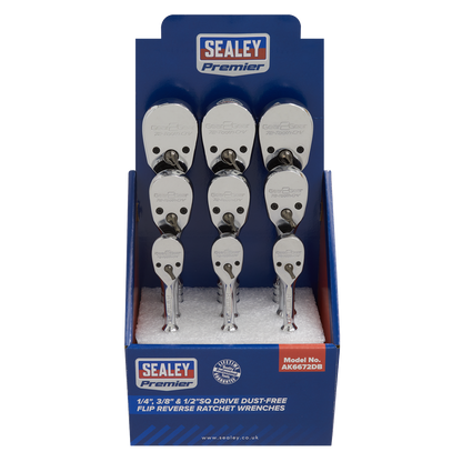 Premier Pear-Head Ratchet Wrenches with Flip Reverse 1/4", 3/8" & 1/2"Sq Drive - Display Box of 9