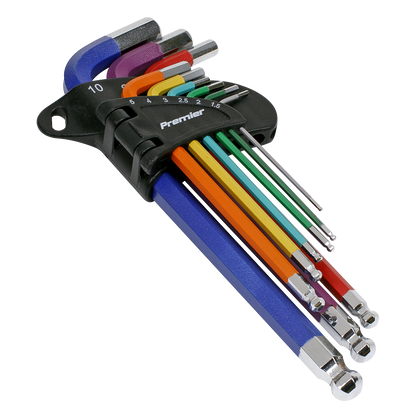 Premier Long Colour-Coded Ball-End Hex Key Set 9pc - Display Box of 10