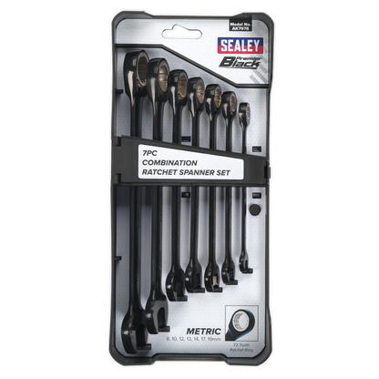 Premier Black Combination Ratchet Spanner Set 7pc
