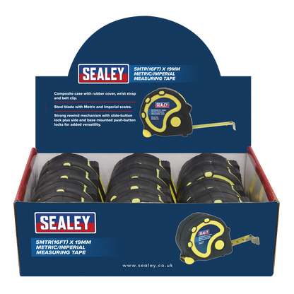 Metric/Imperial Rubber Tape Measure 5m(16ft) x 19mm - Display Box of 12