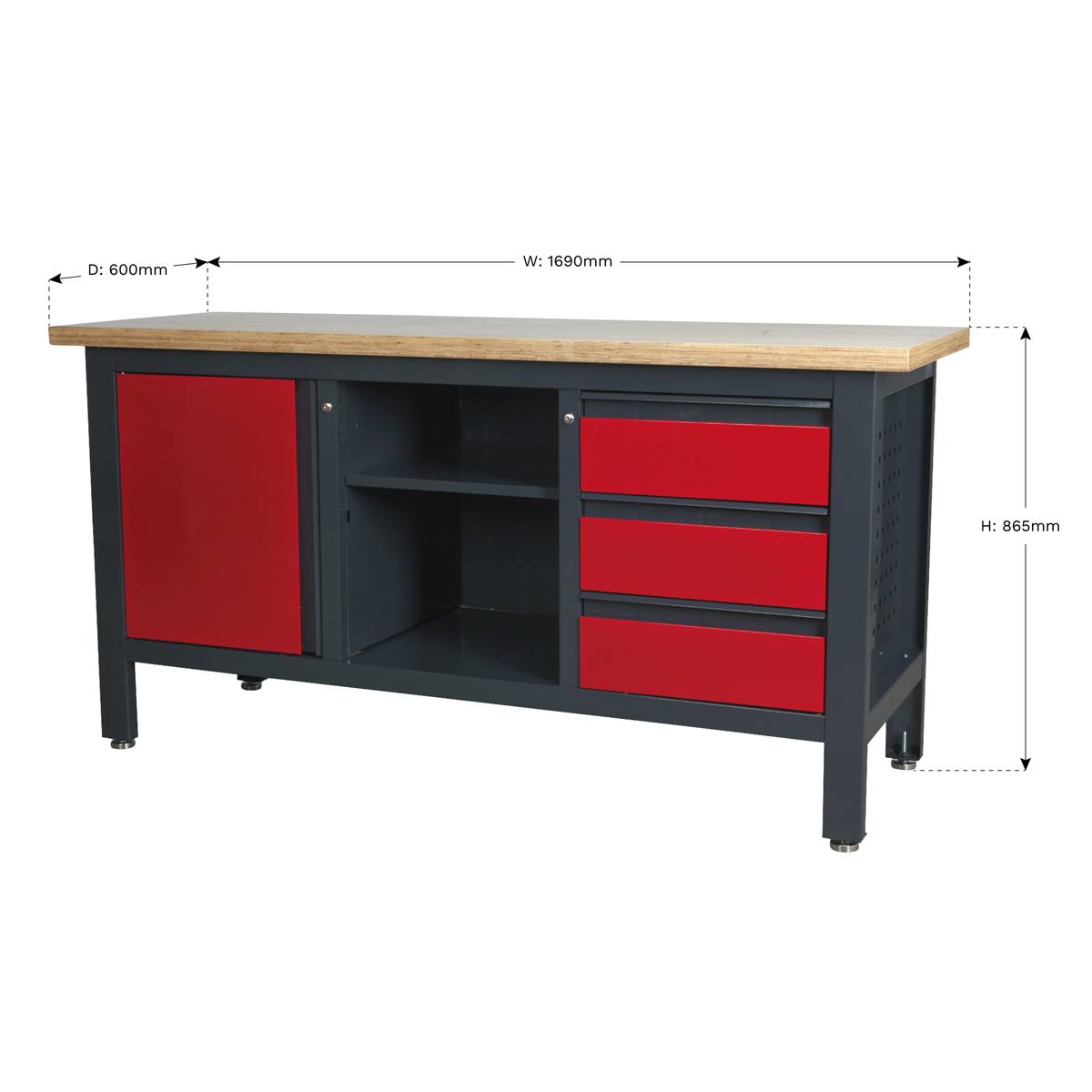 Workbench with 3 Drawers, 1 Cupboard & Open Storage