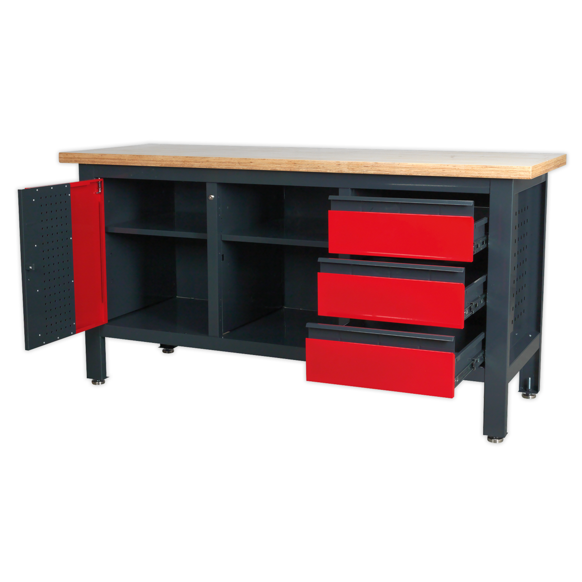 Workbench with 3 Drawers, 1 Cupboard & Open Storage