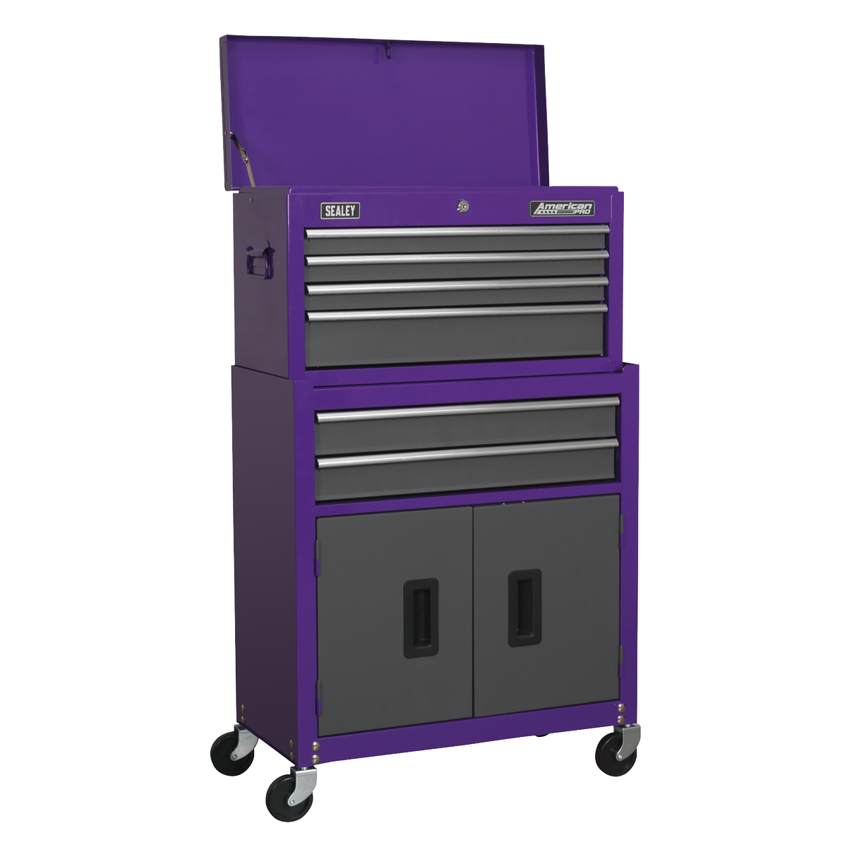 American PRO® Topchest, Mid-Box Tool Chest & Rollcab Stack 9 Drawer - Purple