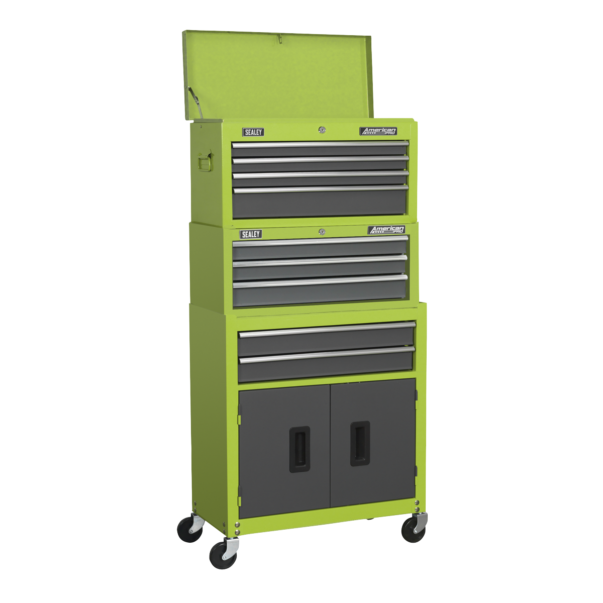 American PRO® Topchest, Mid-Box Tool Chest & Rollcab 9 Drawer Stack - Green