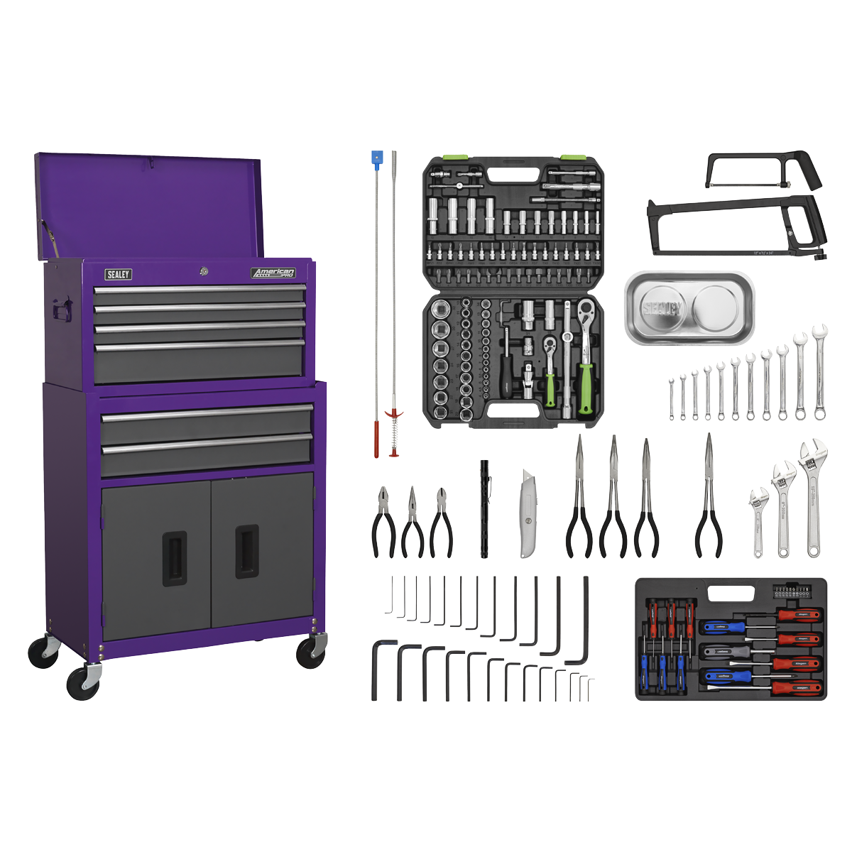 American PRO® Topchest & Rollcab Combination 6 Drawer with 170pc Tool Kit - Purple/Grey