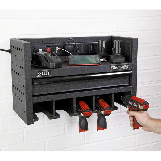 Superline PRO® Power Tool Storage Rack with Drawer & Power Strip