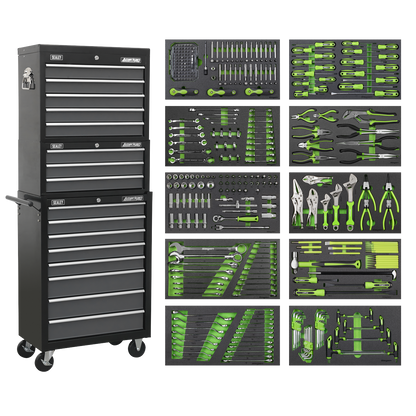 Tool Chest Combination 16 Drawer with Ball-Bearing Slides - Black/Grey & 398pc Tool Kit