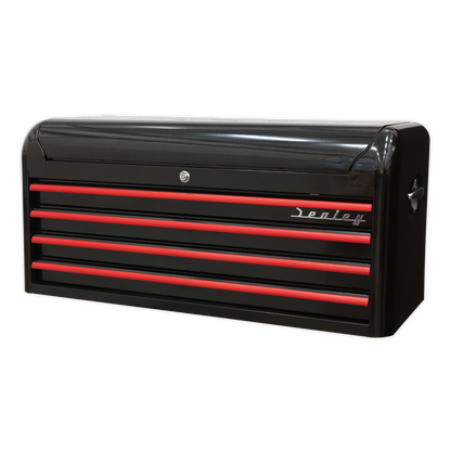 Premier™ Retro Style Wide Topchest 4 Drawer - Black with Red Anodised Drawer Pulls