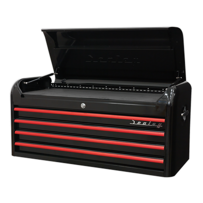 Premier™ Retro Style Wide Topchest 4 Drawer - Black with Red Anodised Drawer Pulls