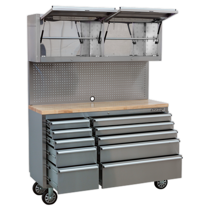 Premier™ Mobile Stainless Steel Tool Cabinet 10 Drawer with Backboard & 2 Wall Cupboards