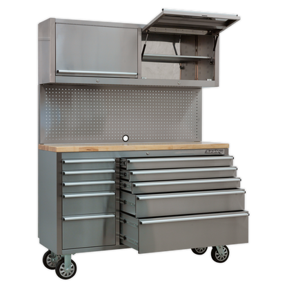 Premier™ Mobile Stainless Steel Tool Cabinet 10 Drawer with Backboard & 2 Wall Cupboards