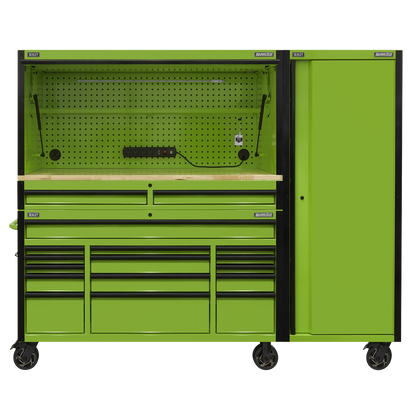 Superline PRO® Black Edition Mobile Trolley with Wooden Worktop, Hutch, 2 Drawer Riser & Side Locker 15 Drawer 1549mm