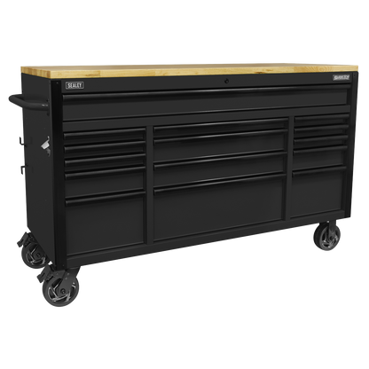 Superline PRO® Black Edition Mobile Trolley with Wooden Worktop 15 Drawer 1549mm