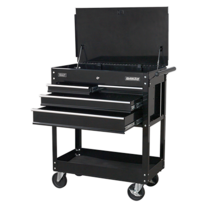 Heavy-Duty Mobile Tool & Parts Trolley with 4 Drawers & Lockable Top - Black