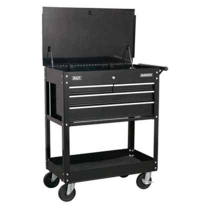 Heavy-Duty Mobile Tool & Parts Trolley with 4 Drawers & Lockable Top - Black