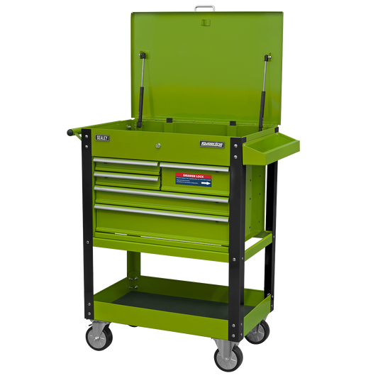 Superline PRO® Heavy-Duty Mobile Tool & Parts Trolley with 5 Drawers and Lockable Top - Hi-Vis Green