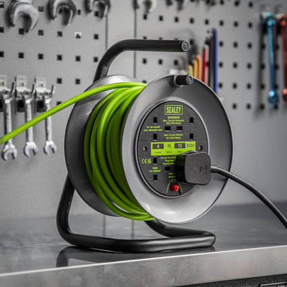 15m Cable Reel with Thermal Trip 4 x 230V - Hi-Vis Green