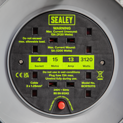 15m Cable Reel with Thermal Trip 4 x 230V - Hi-Vis Green