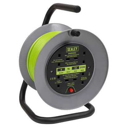 15m Cable Reel with Thermal Trip 4 x 230V - Hi-Vis Green