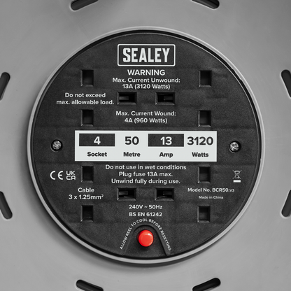 50m Cable Reel with Thermal Trip 4 x 230V